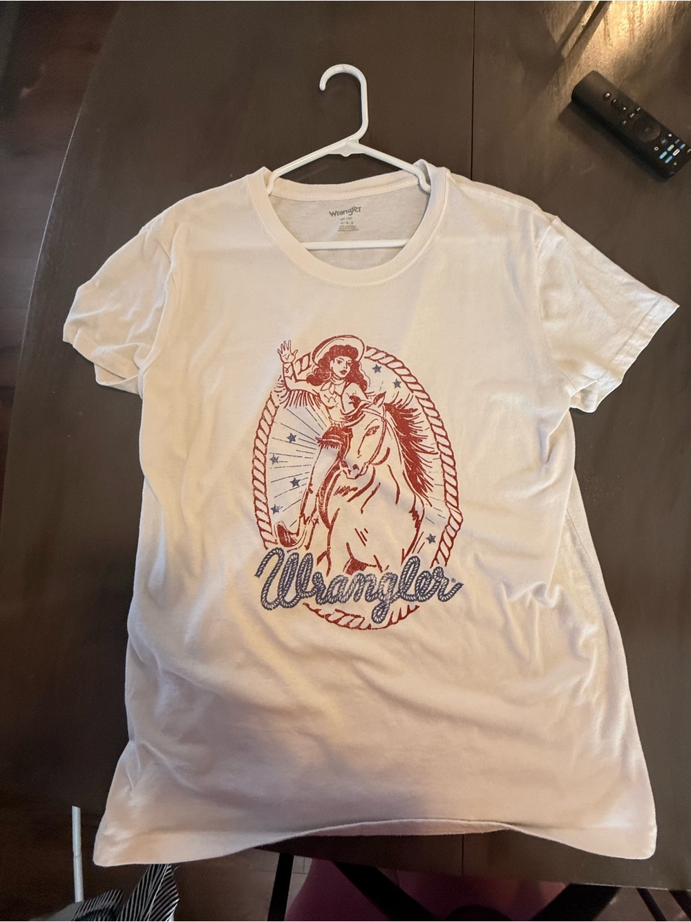 Wrangler White Short Sleeve Tee with Red and Blue Rodeo Graphic